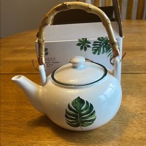 White Teapot with Bamboo Handle and Leaf Design